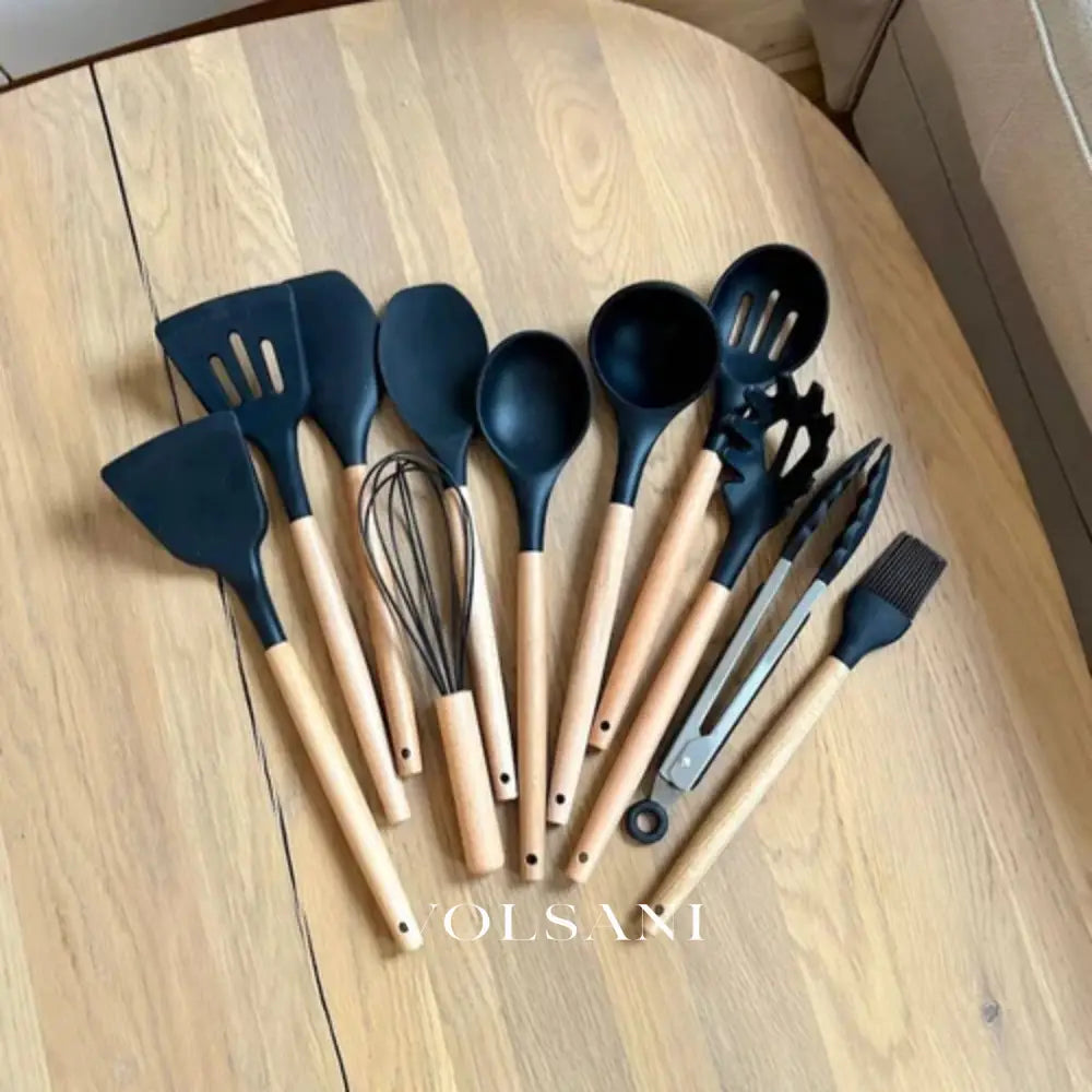 FROUKJE: Siliconen Keukengerei – 11-delige Set met Houten Handvatten - Volsani