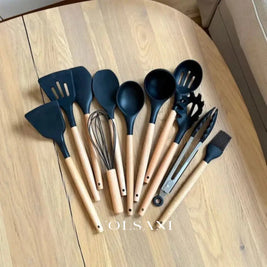 FROUKJE: Siliconen Keukengerei – 11-delige Set met Houten Handvatten - Volsani