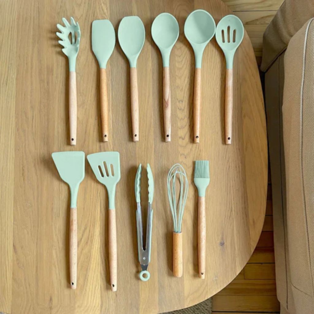 FROUKJE: Siliconen Keukengerei – 11-delige Set met Houten Handvatten - Volsani