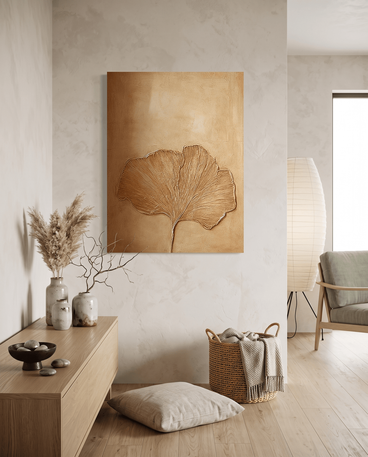 Ginkgoblad in Goud – Warm Getextureerd Schilderij - Volsani