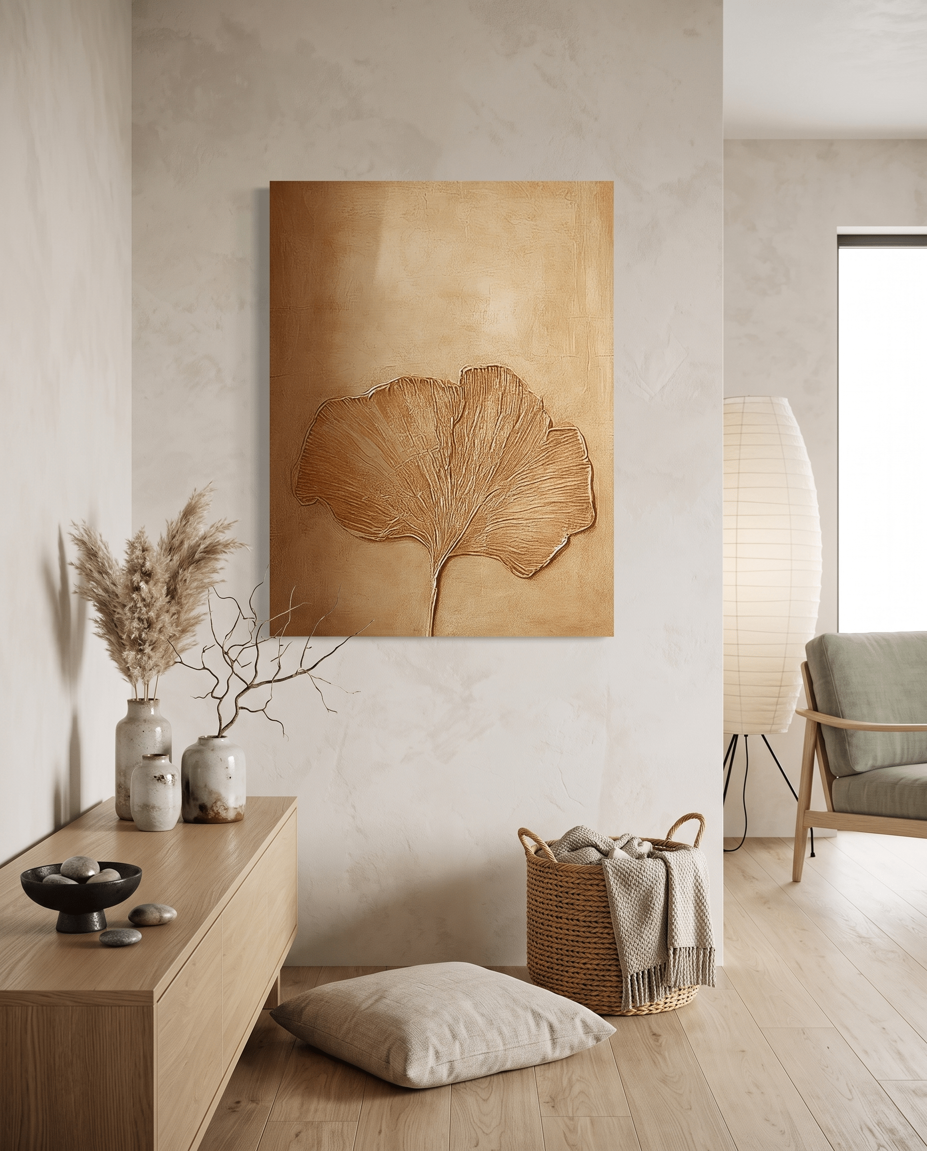 Ginkgoblad in Goud – Warm Getextureerd Schilderij - Volsani