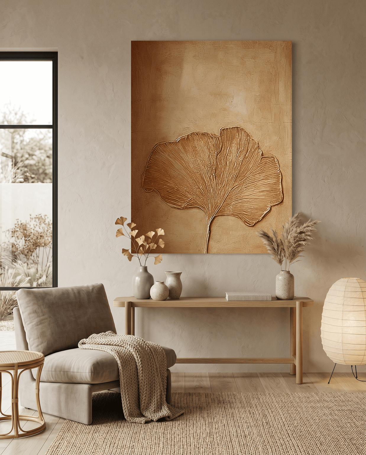 Ginkgoblad in Goud – Warm Getextureerd Schilderij - Volsani