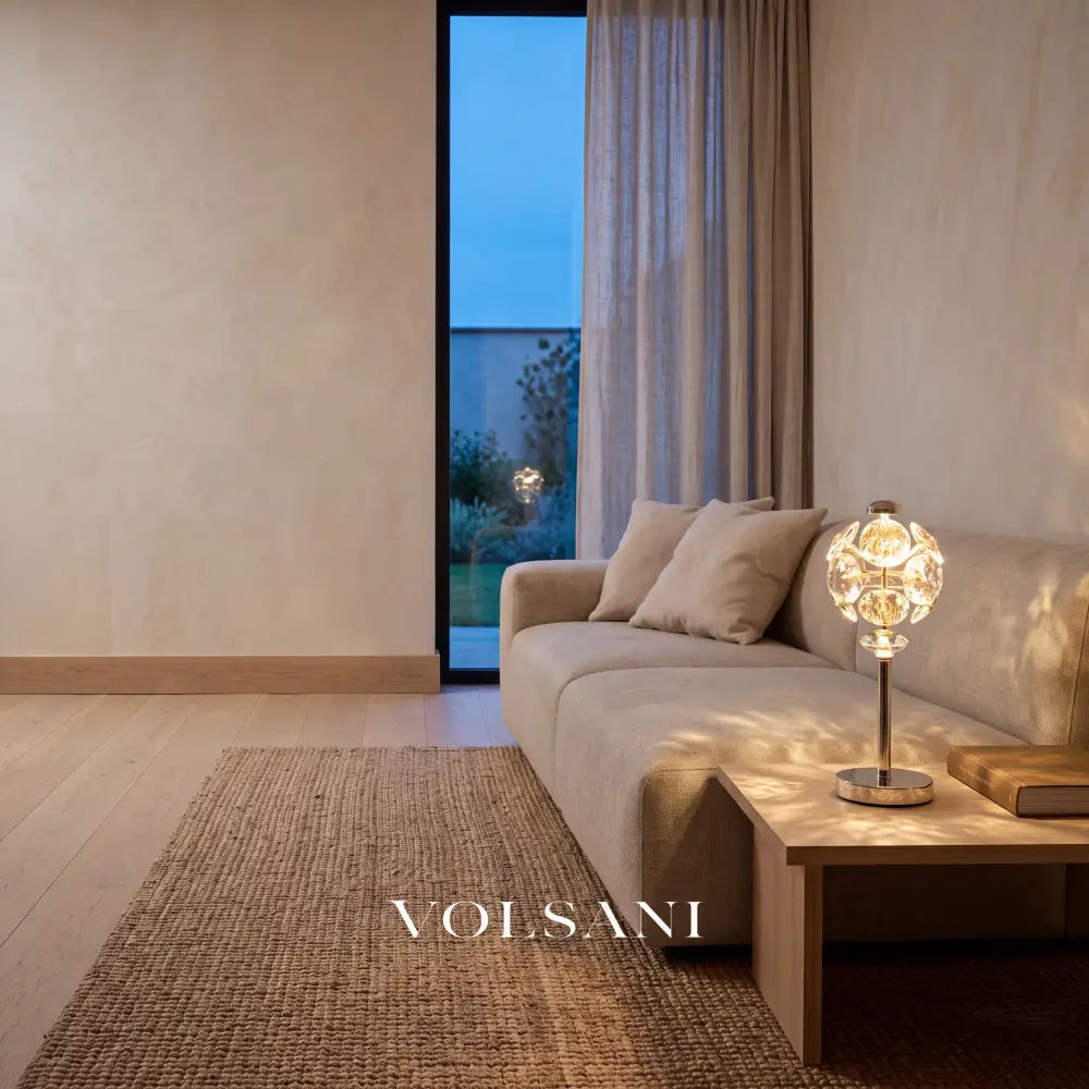 Crystal panel globe lamp lit beside a linen sofa in a Japandi living room at dusk