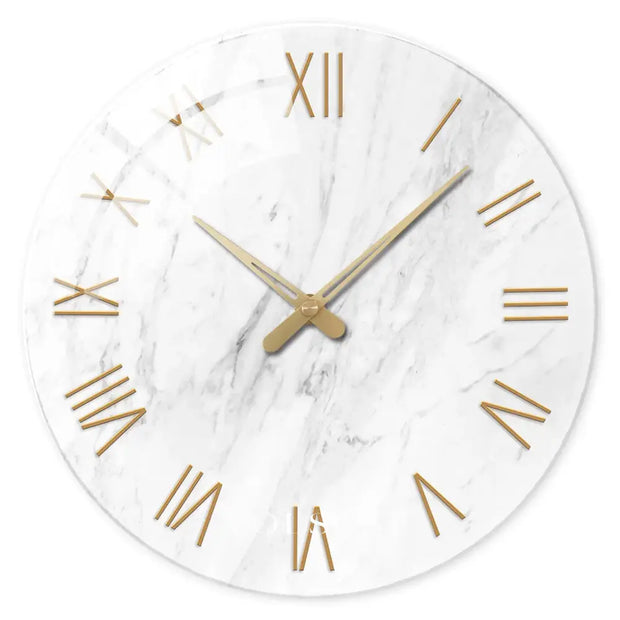 Glass Wall Clock with Marble Look Face Silent Living Room & Kitchen Clock Gold Roman Numerals 3 Sizes 12-16in - 14 inch