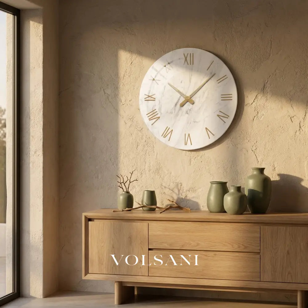 TUVA glass marble wall clock in a dining room