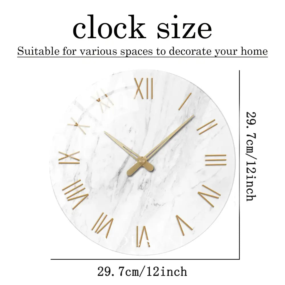 Glass Wall Clock with Marble Look Face Silent Living Room & Kitchen Clock Gold Roman Numerals 3 Sizes 12-16in - Decor >
