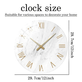 Glass Wall Clock with Marble Look Face Silent Living Room & Kitchen Clock Gold Roman Numerals 3 Sizes 12-16in - Decor >