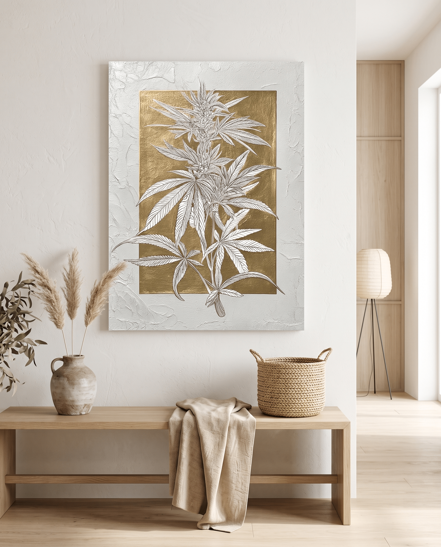 Gouden Botanisch Blad – Getextureerd Schilderij (Goudfolie) - Volsani