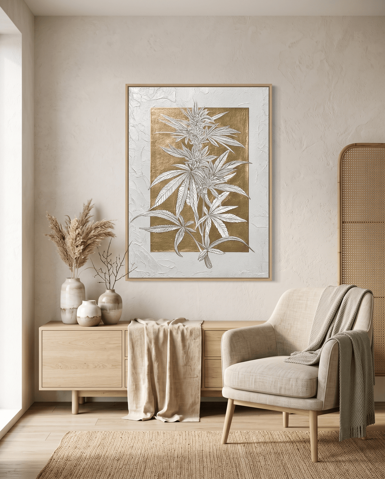 Gouden Botanisch Blad – Getextureerd Schilderij (Goudfolie) - Volsani