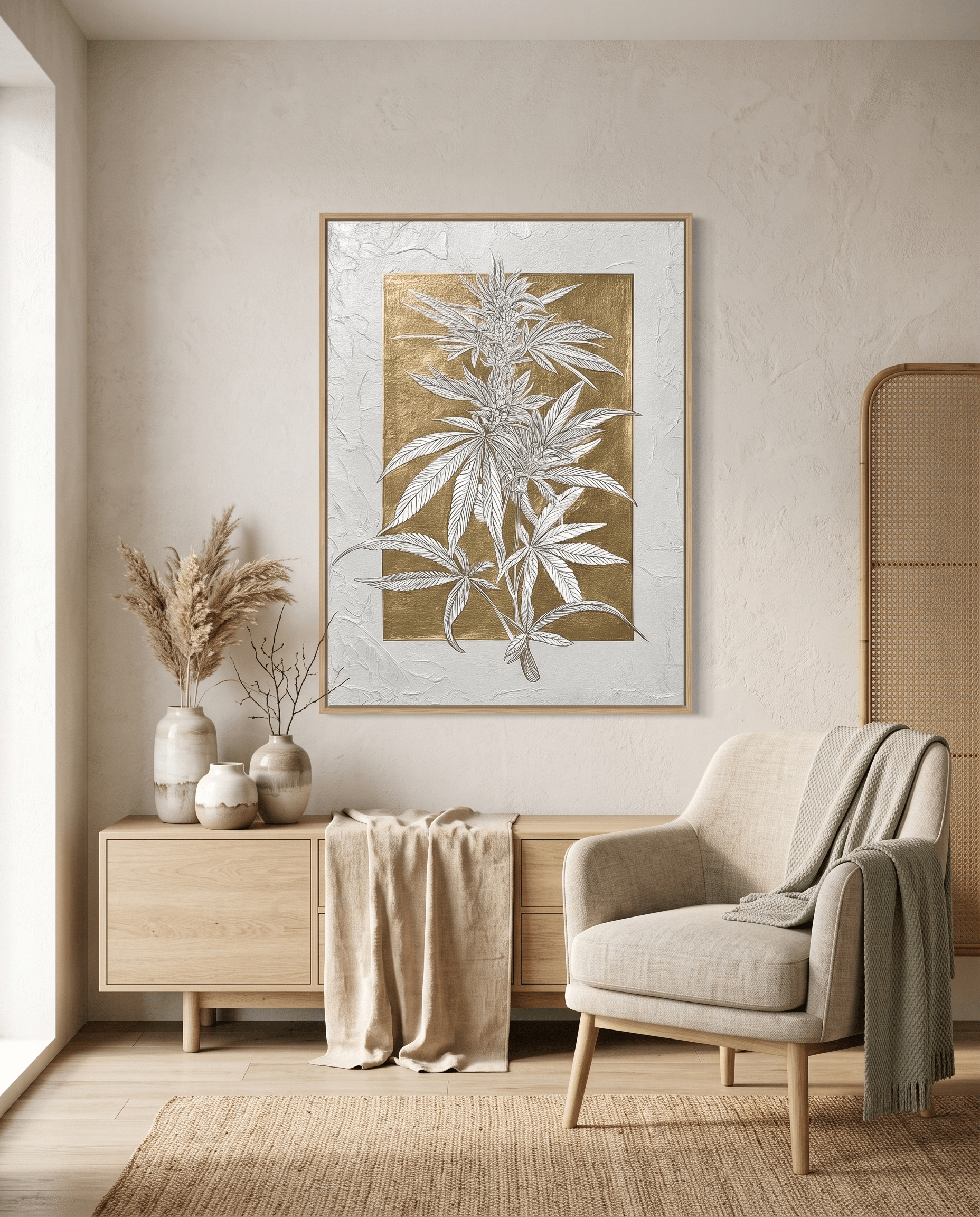 Gouden Botanisch Blad – Getextureerd Schilderij (Goudfolie) - Volsani