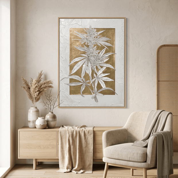 Gouden Botanisch Blad – Getextureerd Schilderij (Goudfolie) - Volsani