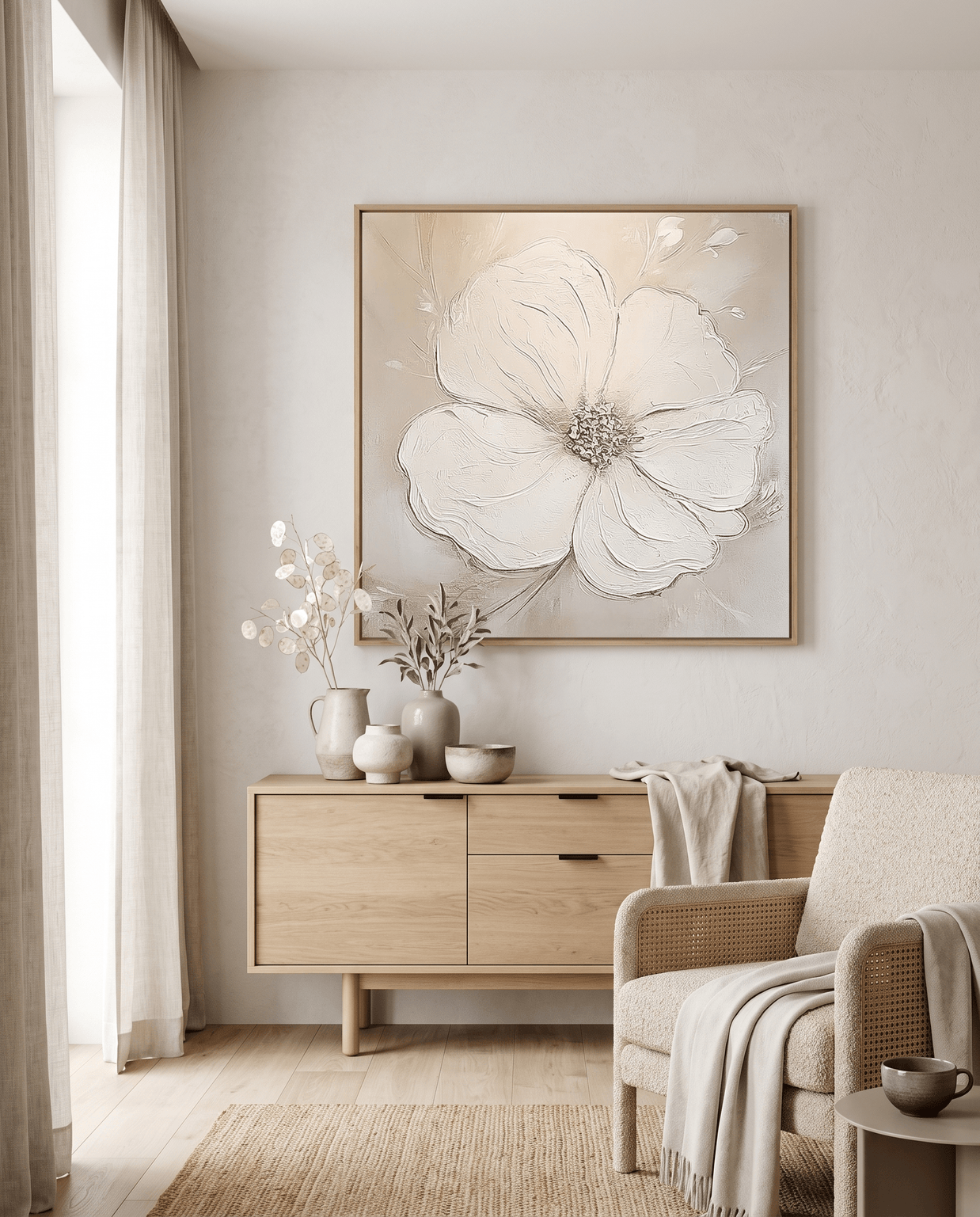 Grote Witte Bloem – Neutraal Bloemschilderij - Volsani