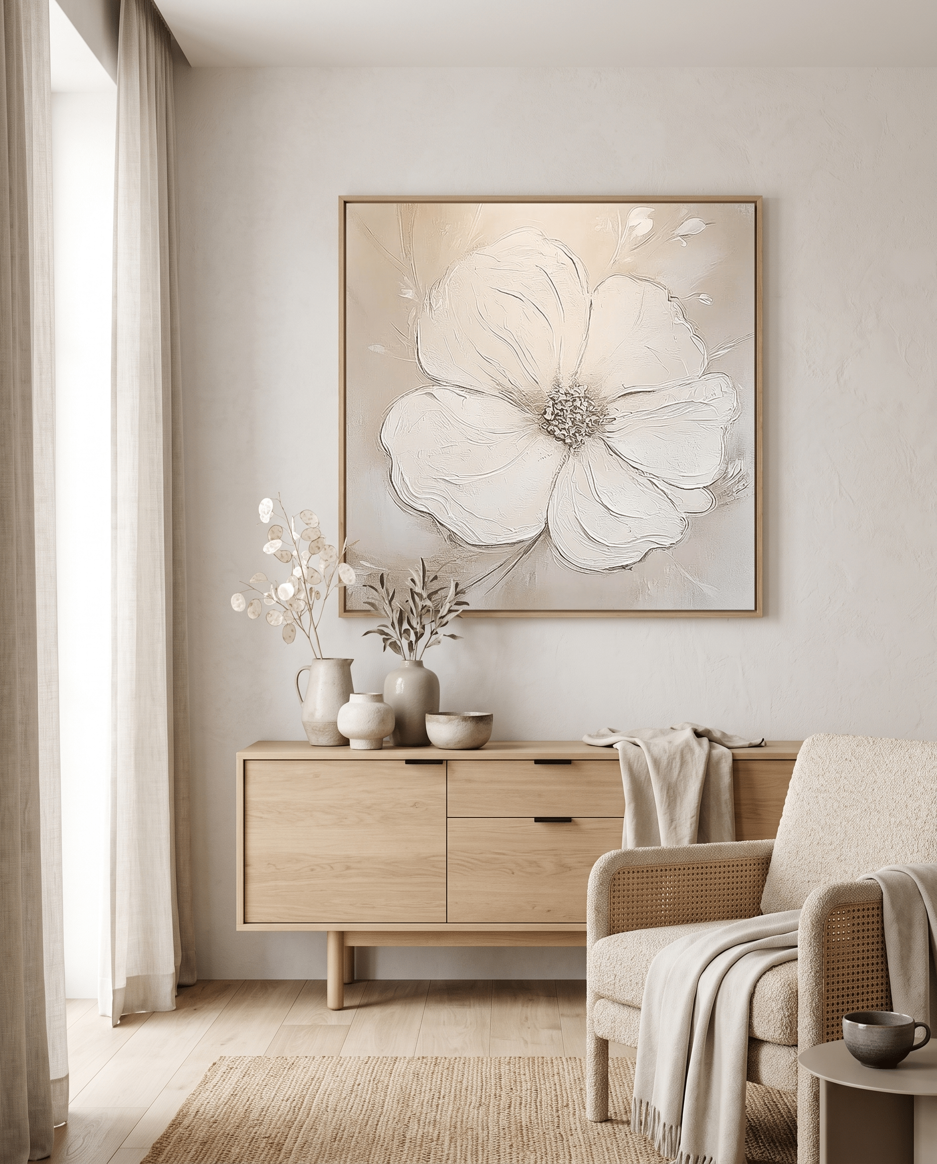 Grote Witte Bloem – Neutraal Bloemschilderij - Volsani