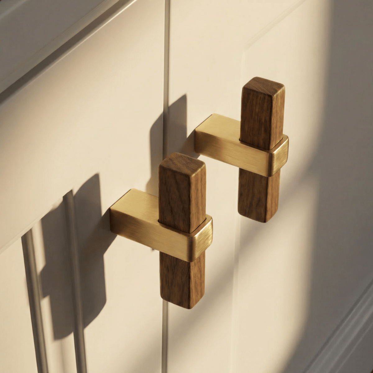 Wood Cabinet Knobs & Pull Bars, Modern Kitchen & Wardrobe Cabinet Hardware, Gold-Tone Brackets, Set of 2 in Oak & Walnut, 1.1-12.5in