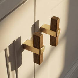 Wood Cabinet Knobs & Pull Bars, Modern Kitchen & Wardrobe Cabinet Hardware, Gold-Tone Brackets, Set of 2 in Oak & Walnut, 1.1-12.5in