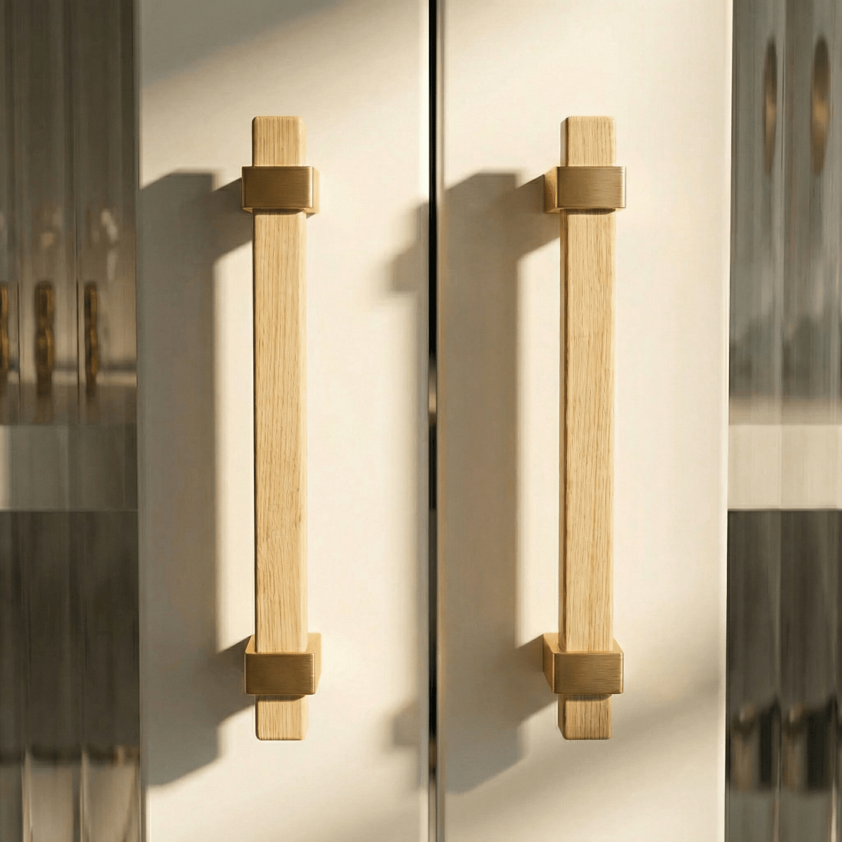 Wood Cabinet Knobs & Pull Bars, Modern Kitchen & Wardrobe Cabinet Hardware, Gold-Tone Brackets, Set of 2 in Oak & Walnut, 1.1-12.5in
