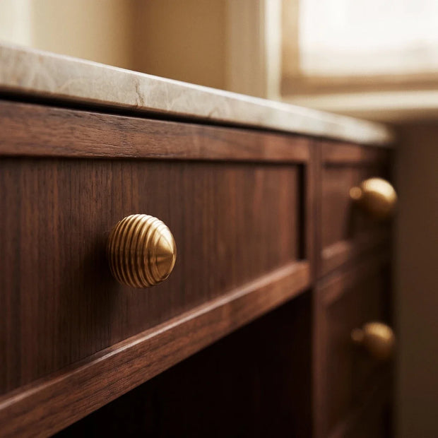 Ribbed Oval Cabinet Knobs, Vintage Kitchen & Wardrobe Hardware, Brushed Brass Finish, Set of 2, 1.2 x 1.1in