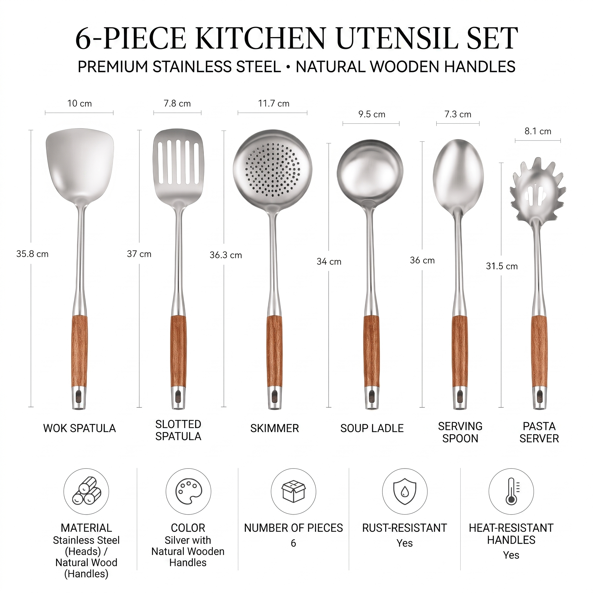 WILLEKE stainless steel kitchen utensils - dimensions and specifications per piece in cm