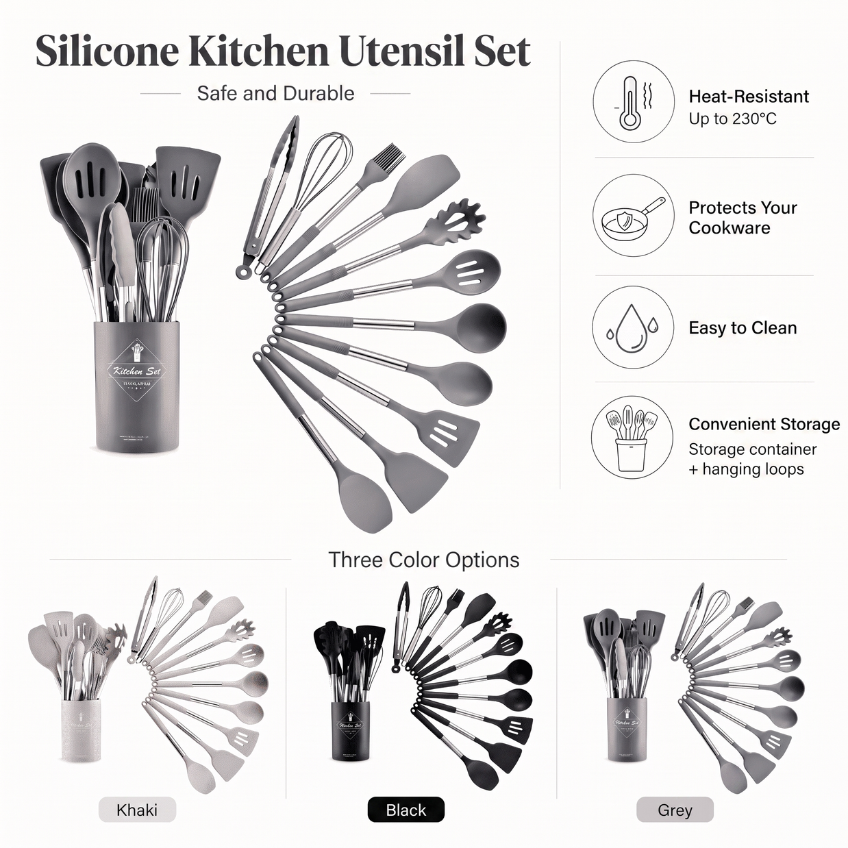 TINEKE silicone kitchen utensil set - features (heat-resistant, protects cookware, easy to clean, storage)