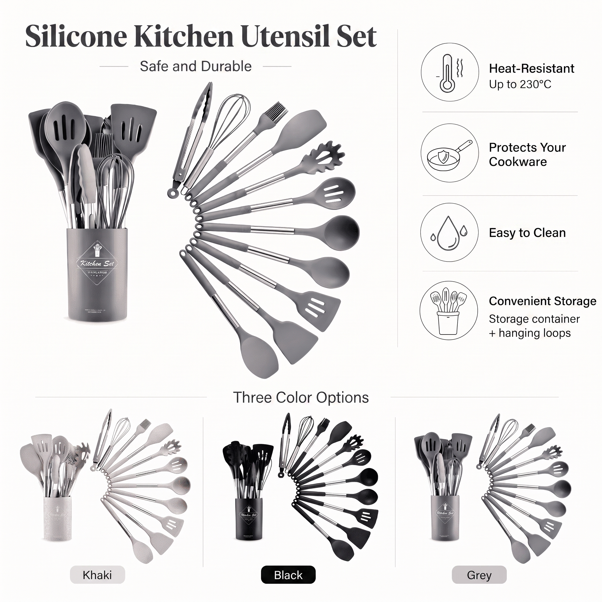 TINEKE silicone kitchen utensil set - features (heat-resistant, protects cookware, easy to clean, storage)