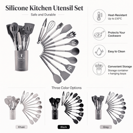 TINEKE silicone kitchen utensil set - features (heat-resistant, protects cookware, easy to clean, storage)