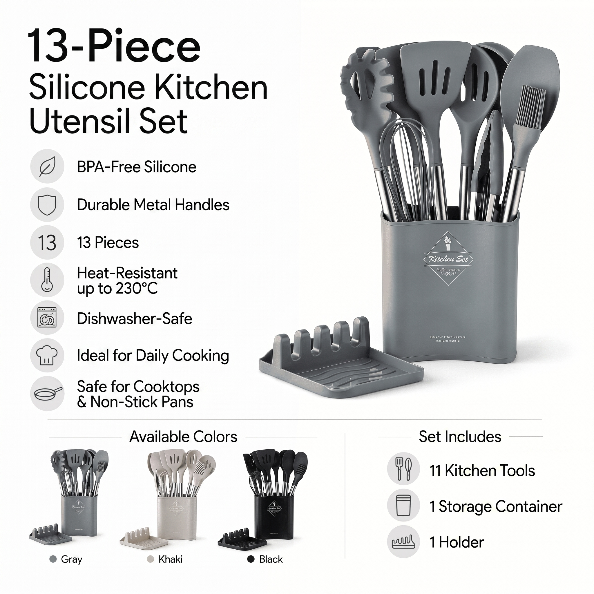 TINEKE 13-piece silicone kitchen utensil set - specifications, available colors, and set contents