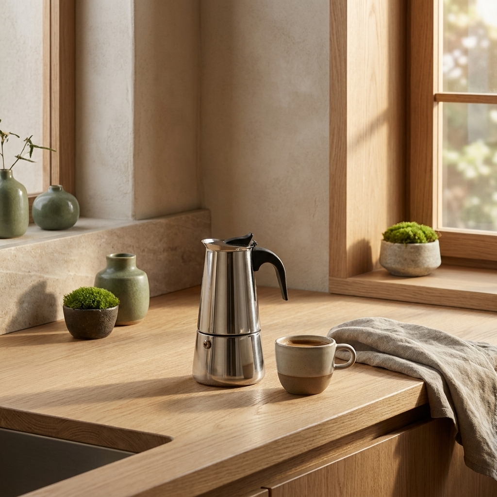 OCEANE stainless steel moka pot on a kitchen counter with an espresso cup