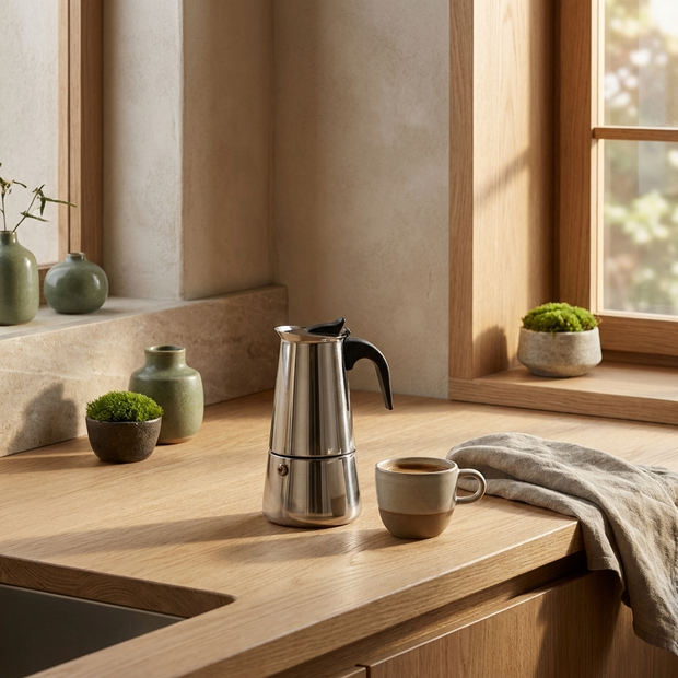 OCEANE stainless steel moka pot on a kitchen counter with an espresso cup
