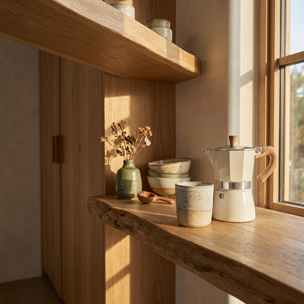 MATHILDE stovetop moka pot on an open kitchen shelf