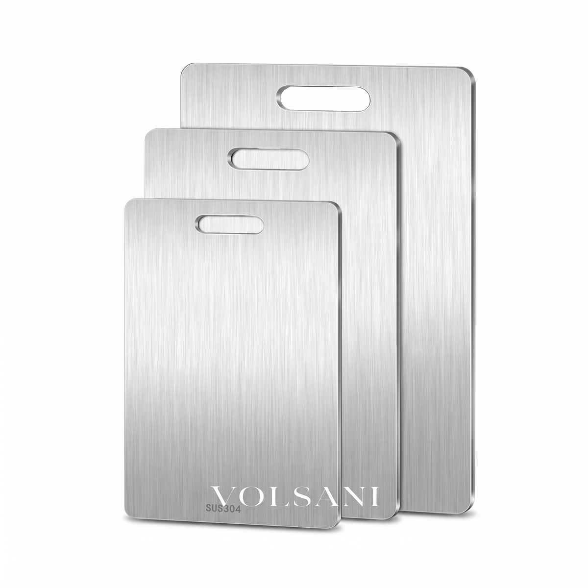 Titanium stainless steel cutting board on a white background