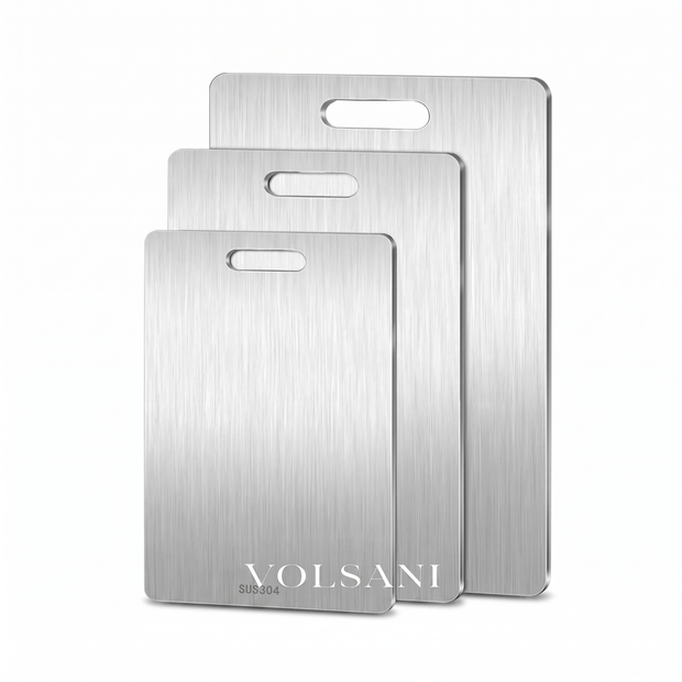 Titanium stainless steel cutting board on a white background