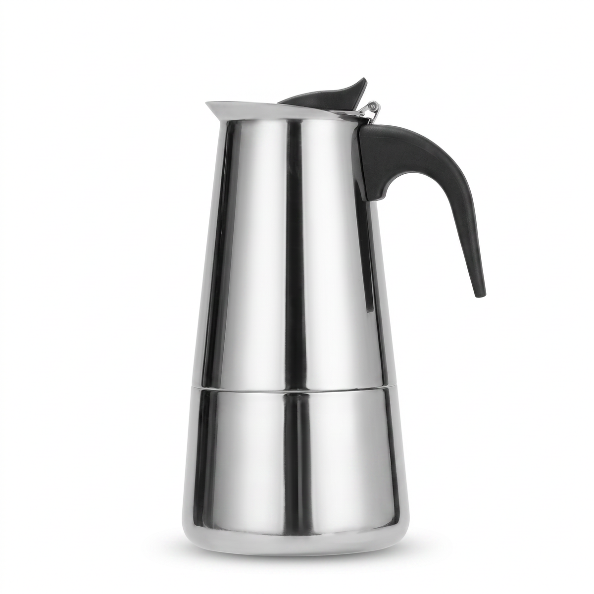 Stainless steel stovetop moka pot on a white background