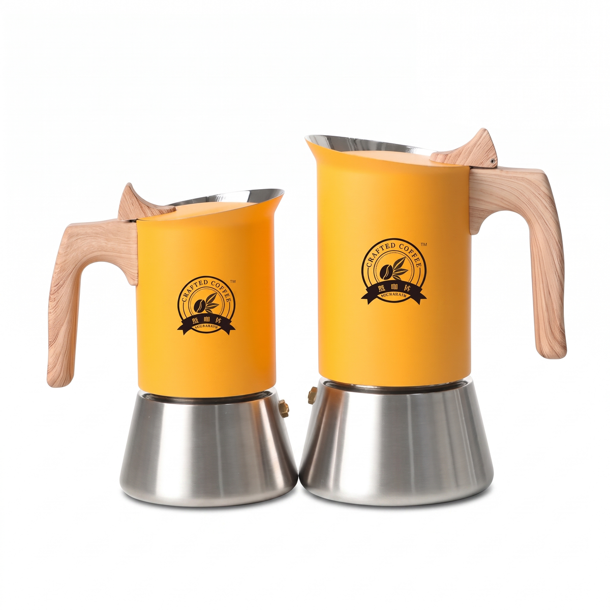 Matte yellow moka pot with wood look handle on a white background