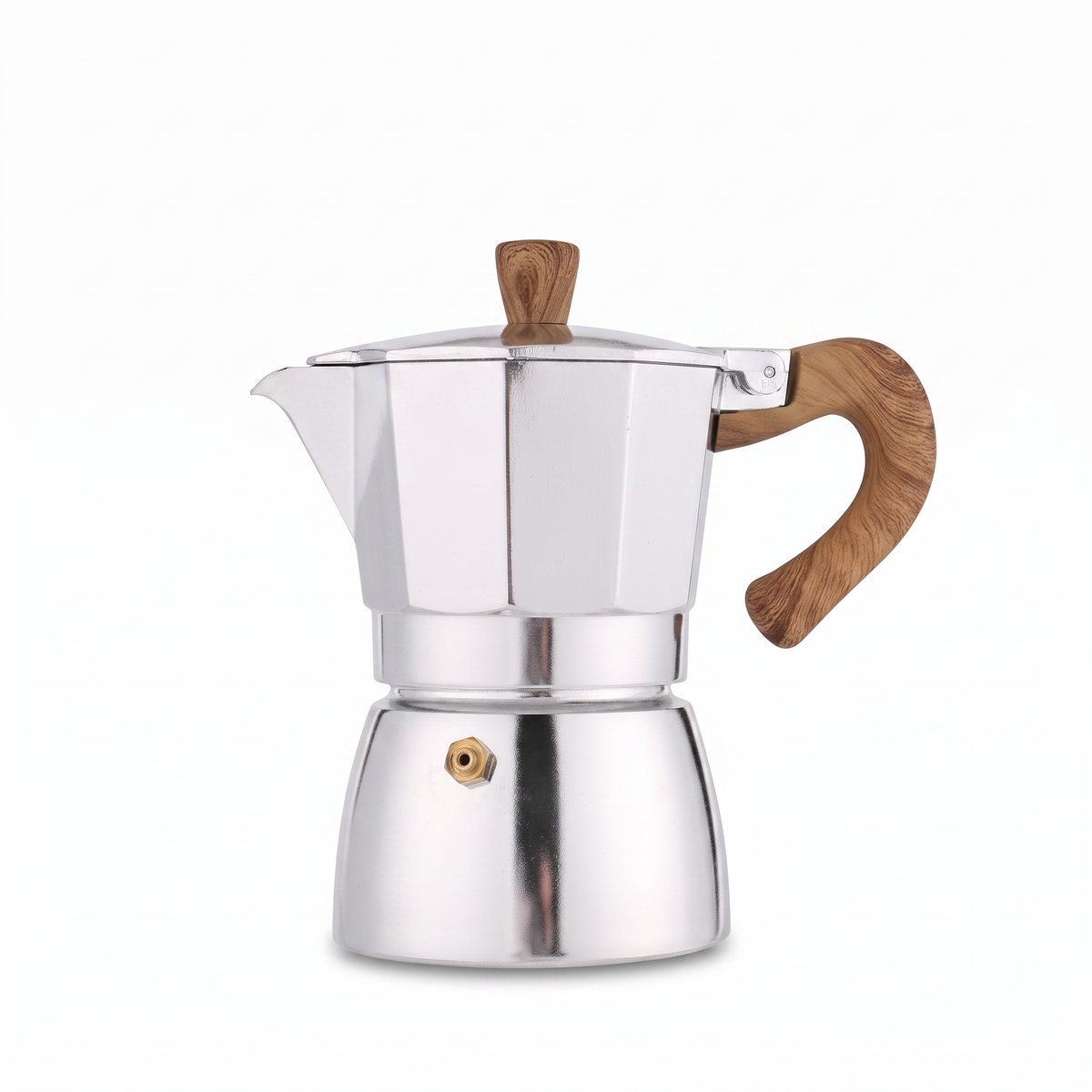 Silver moka pot with wood look handle on a white background