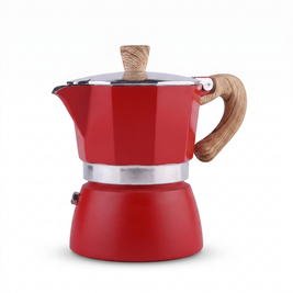 Red moka pot with wood look handle on a white background