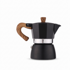 Black moka pot with wood look handle on a white background