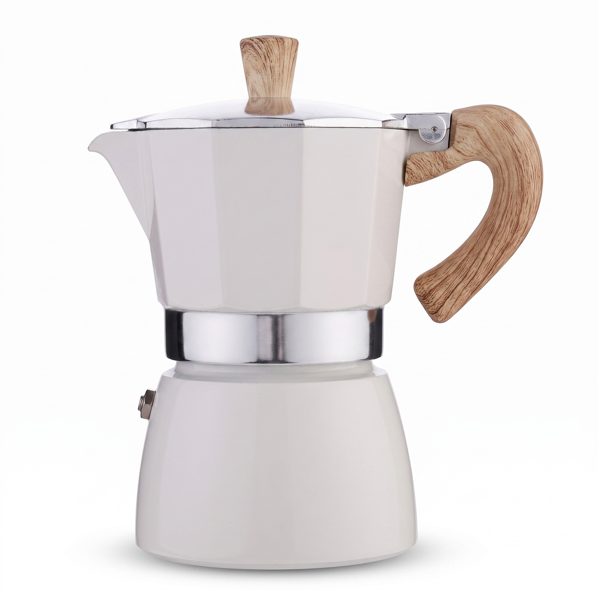 White moka pot with wood look handle on a white background
