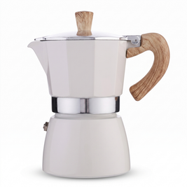 White moka pot with wood look handle on a white background