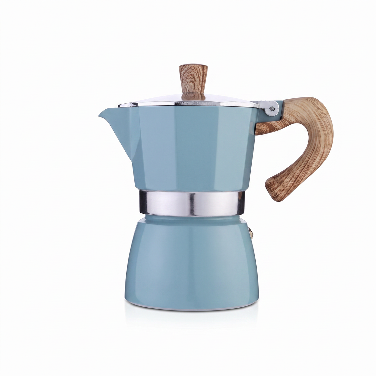 Blue moka pot with wood look handle on a white background