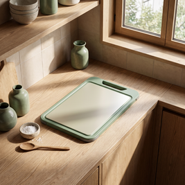 Green double sided cutting board lying flat on a japandi kitchen countertop