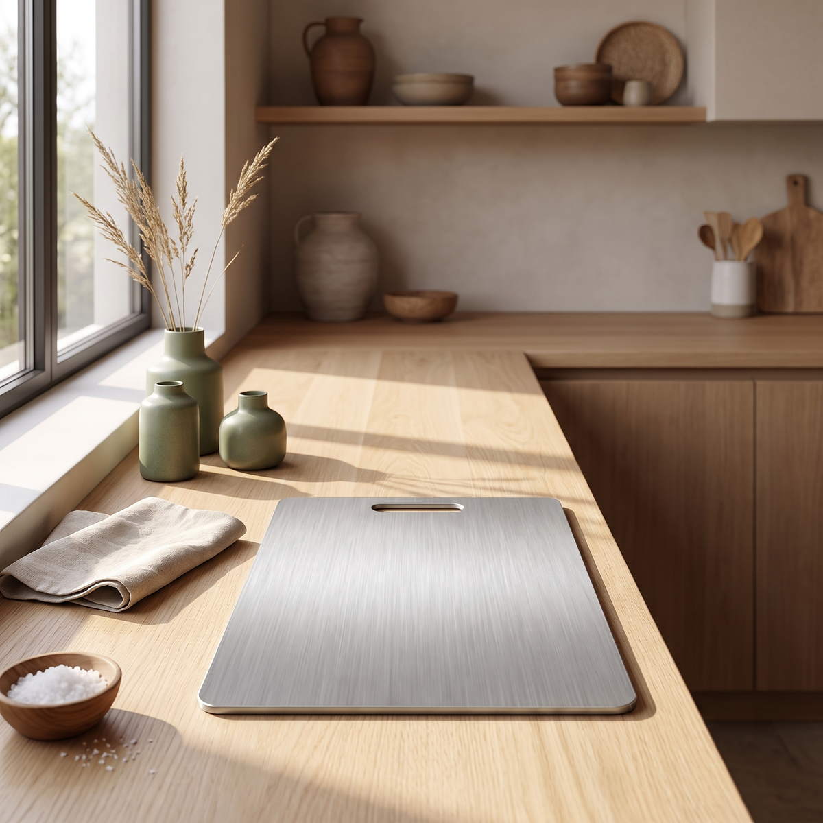 Titanium cutting board lying flat on a japandi kitchen countertop beside a window