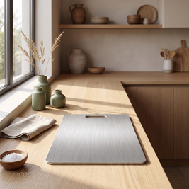 Titanium cutting board lying flat on a japandi kitchen countertop beside a window