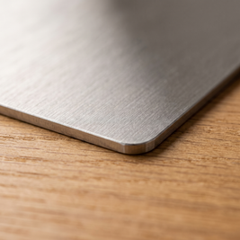 Macro detail of the titanium cutting board showing the brushed grain and thin edge
