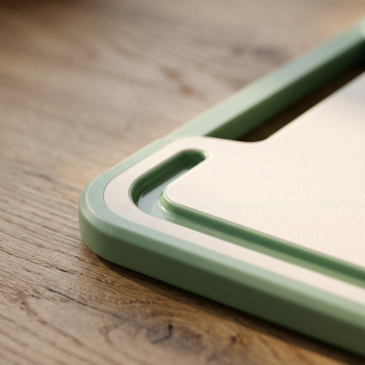 Macro detail of the green cutting board corner showing the juice groove