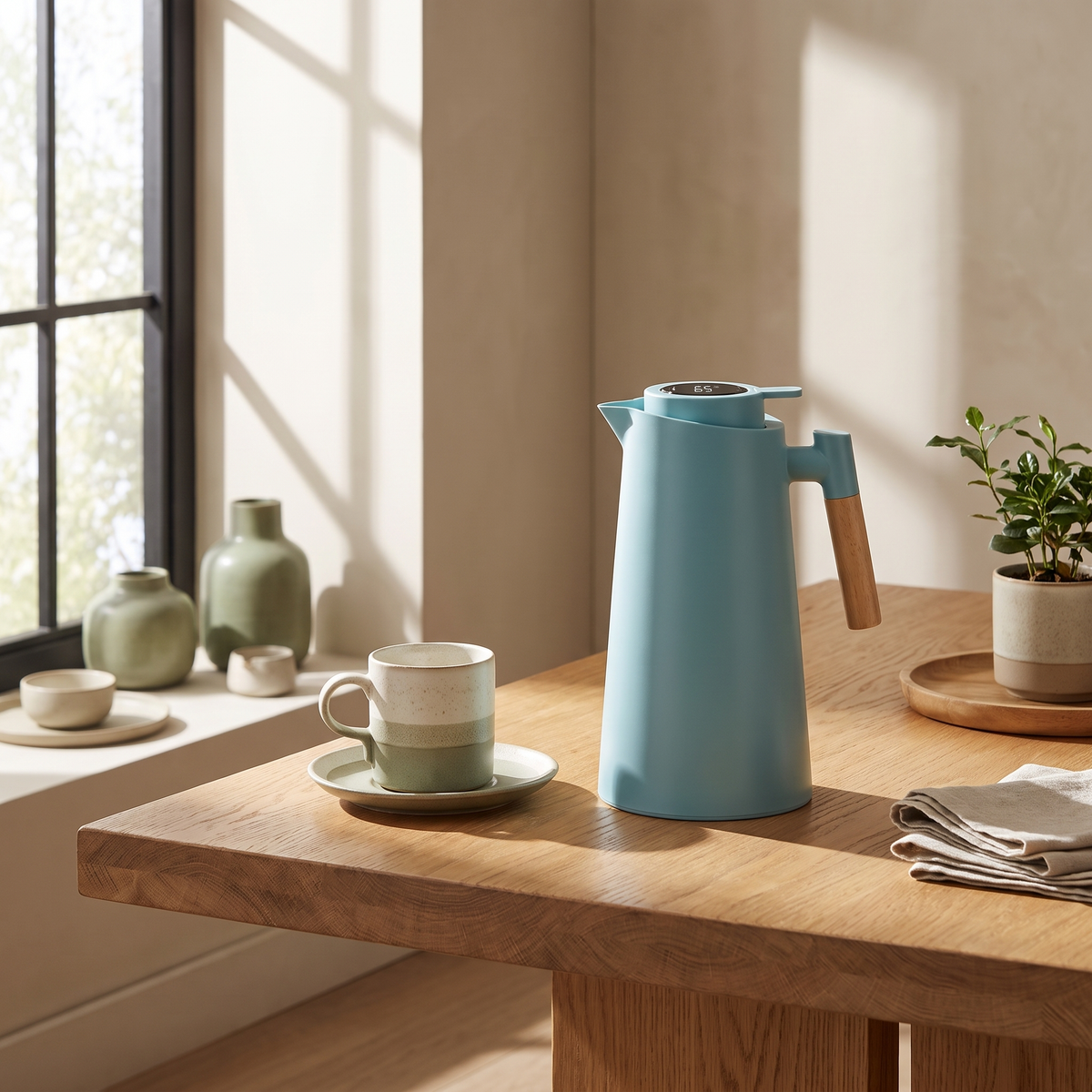 Cyan thermal jug standing on an oak breakfast table beside a stoneware mug