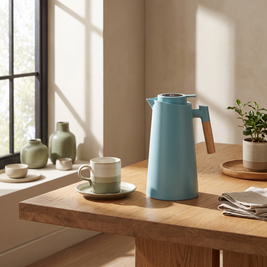 Cyan thermal jug standing on an oak breakfast table beside a stoneware mug