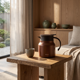 Brown insulated teapot on an oak side table beside a stoneware cup