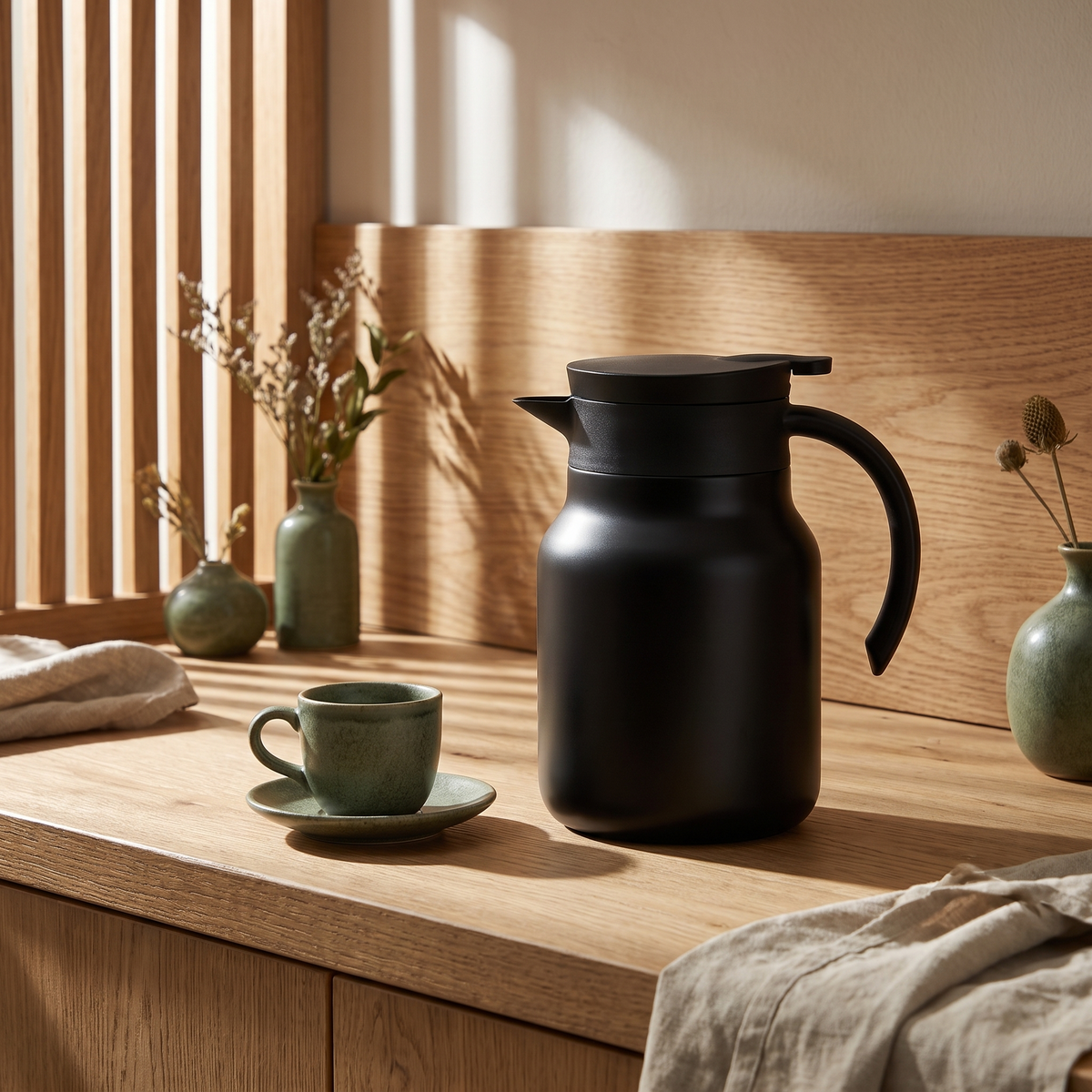 Black insulated teapot on an oak kitchen counter beside a stoneware cup