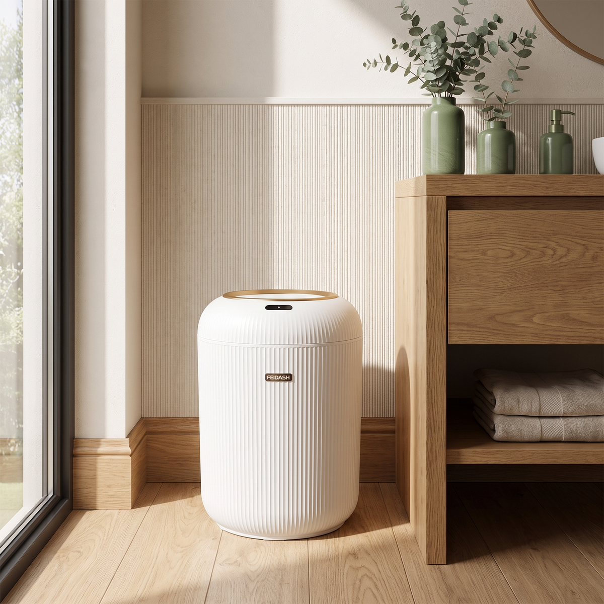 White sensor bin on a bathroom floor beside a vanity unit