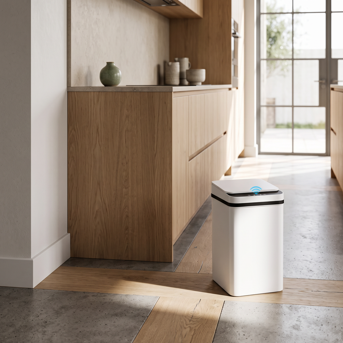 White sensor bin on a kitchen floor at the end of an oak cabinet run
